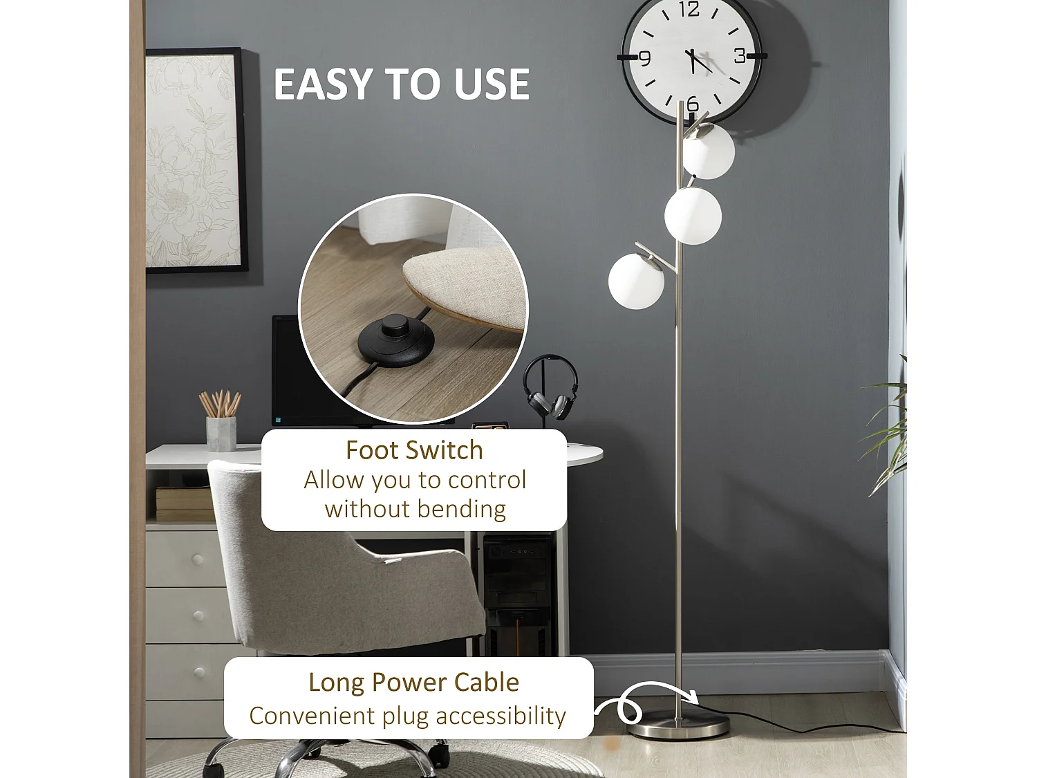 Moretta 3 Light Silver Tree Floor Lamp with Glass Globe Shades and Steel Base