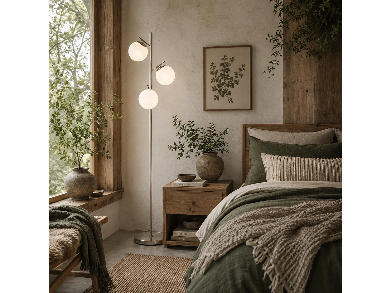 Moretta 3 Light Silver Tree Floor Lamp with Glass Globe Shades and Steel Base