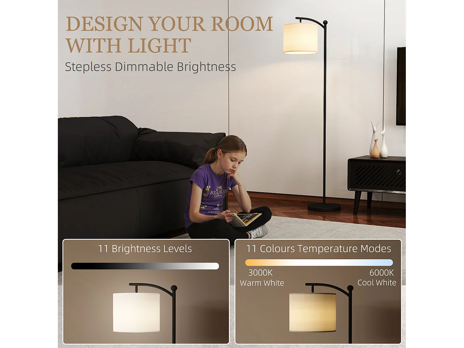Mota Nelo Black Metal LED Floor Lamp With Remote 11 Step Brightness and Colour Control