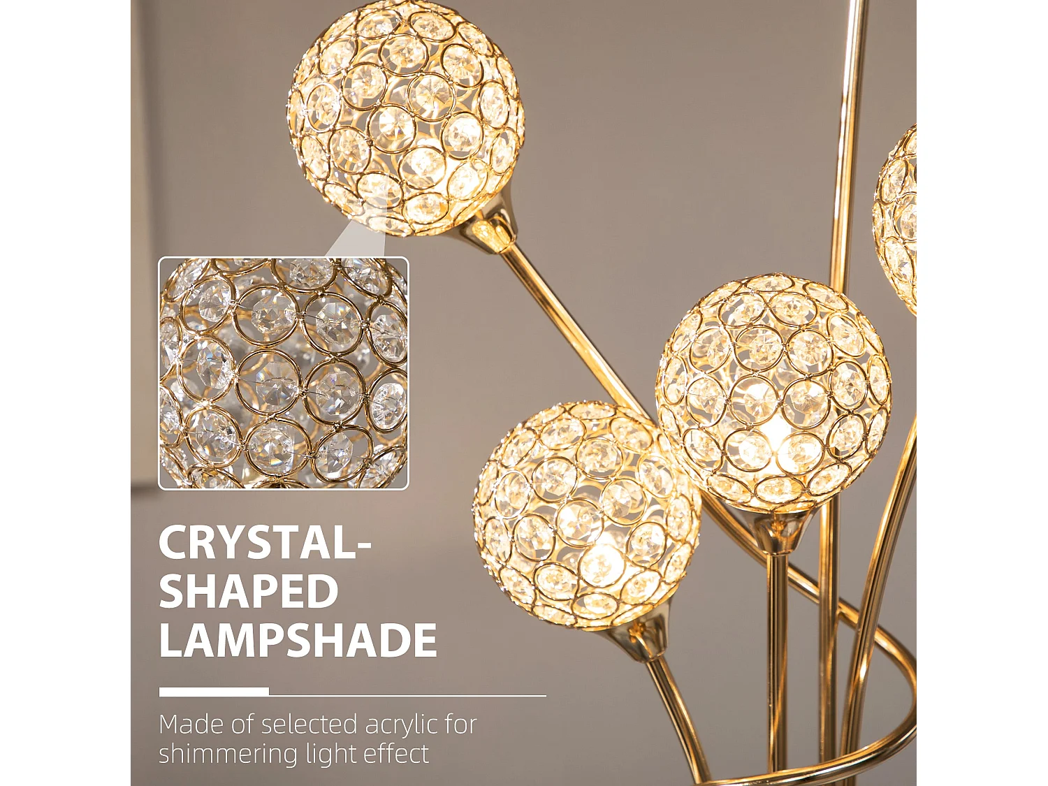 Rarodi Gold Tone Crystal 5 Light Upright Floor Lamp 156cm