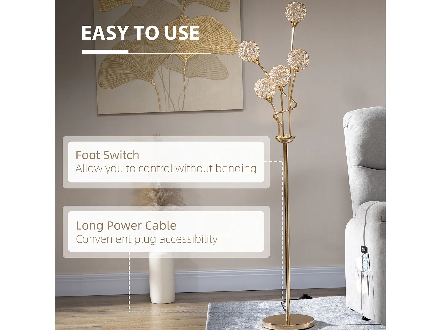 Rarodi Gold Tone Crystal 5 Light Upright Floor Lamp 156cm