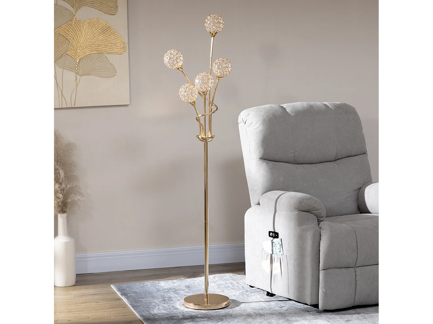 Rarodi Gold Tone Crystal 5 Light Upright Floor Lamp 156cm