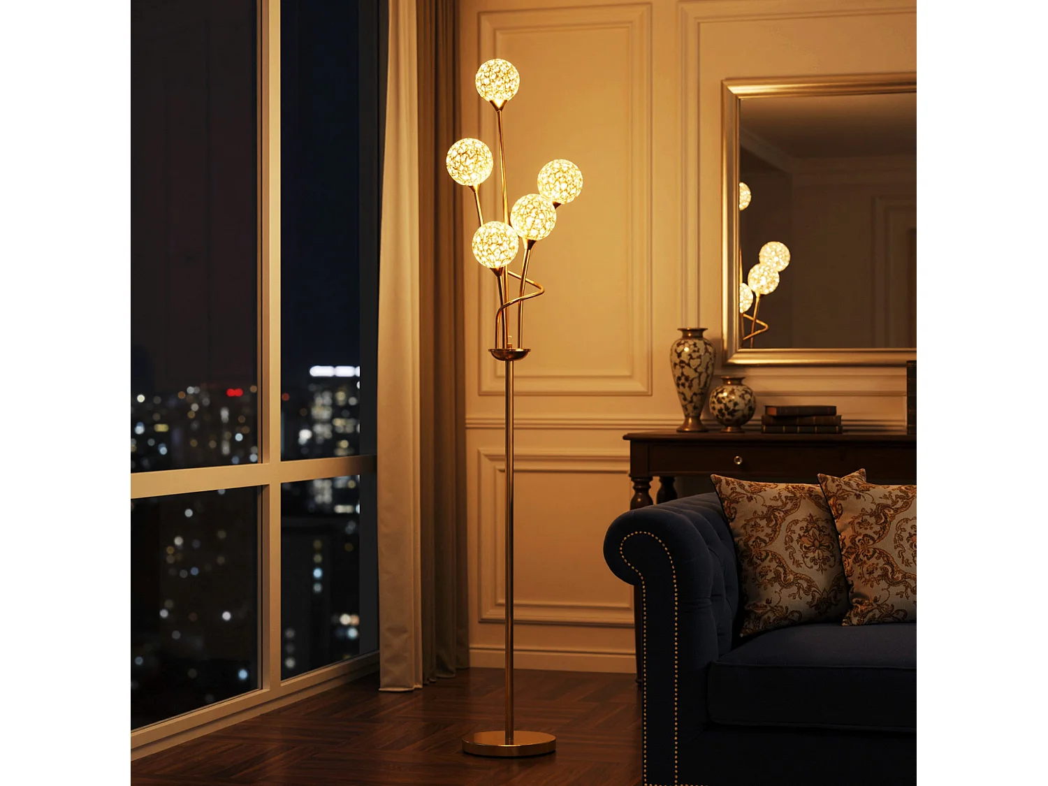 Rarodi Gold Tone Crystal 5 Light Upright Floor Lamp 156cm