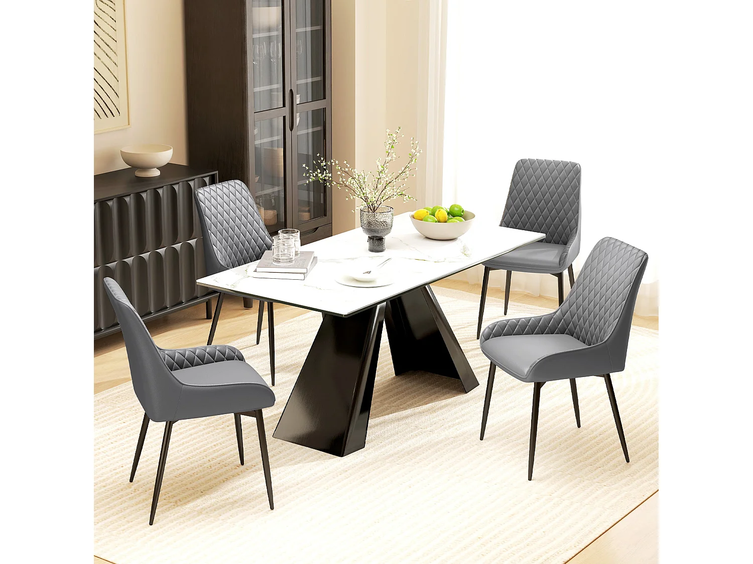 Farazi Grey Quilted PU Leather Dining Chairs Set of 2 Steel Frame
