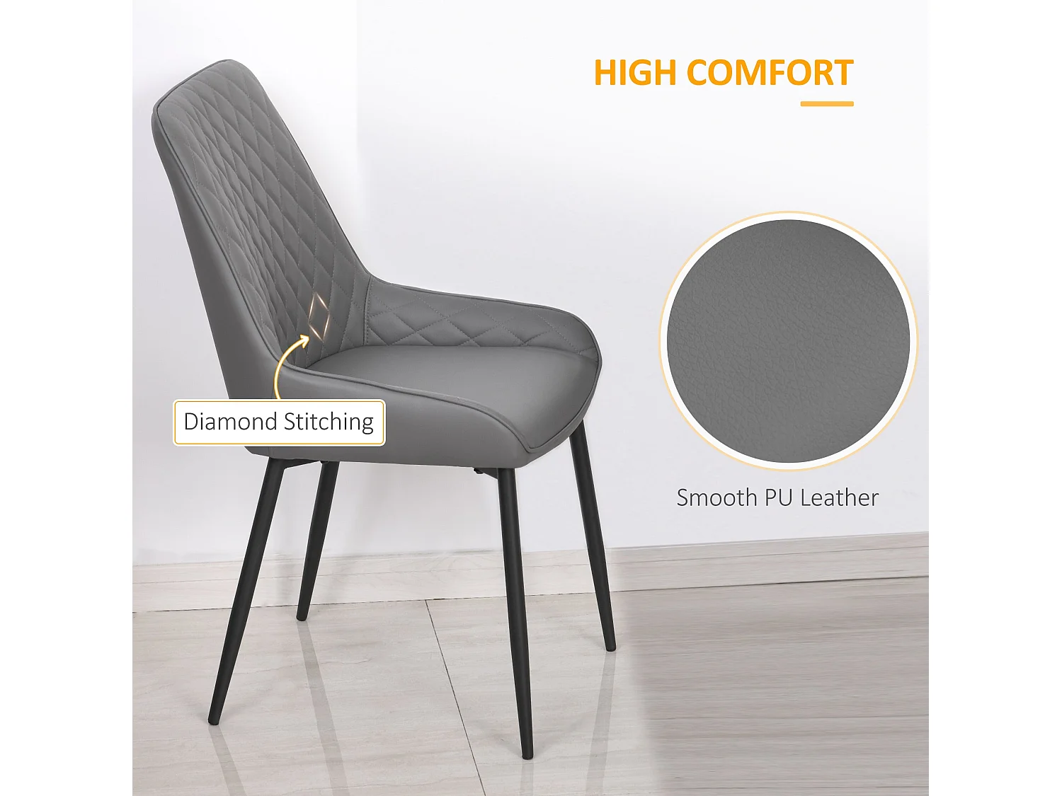 Farazi Grey Quilted PU Leather Dining Chairs Set of 2 Steel Frame