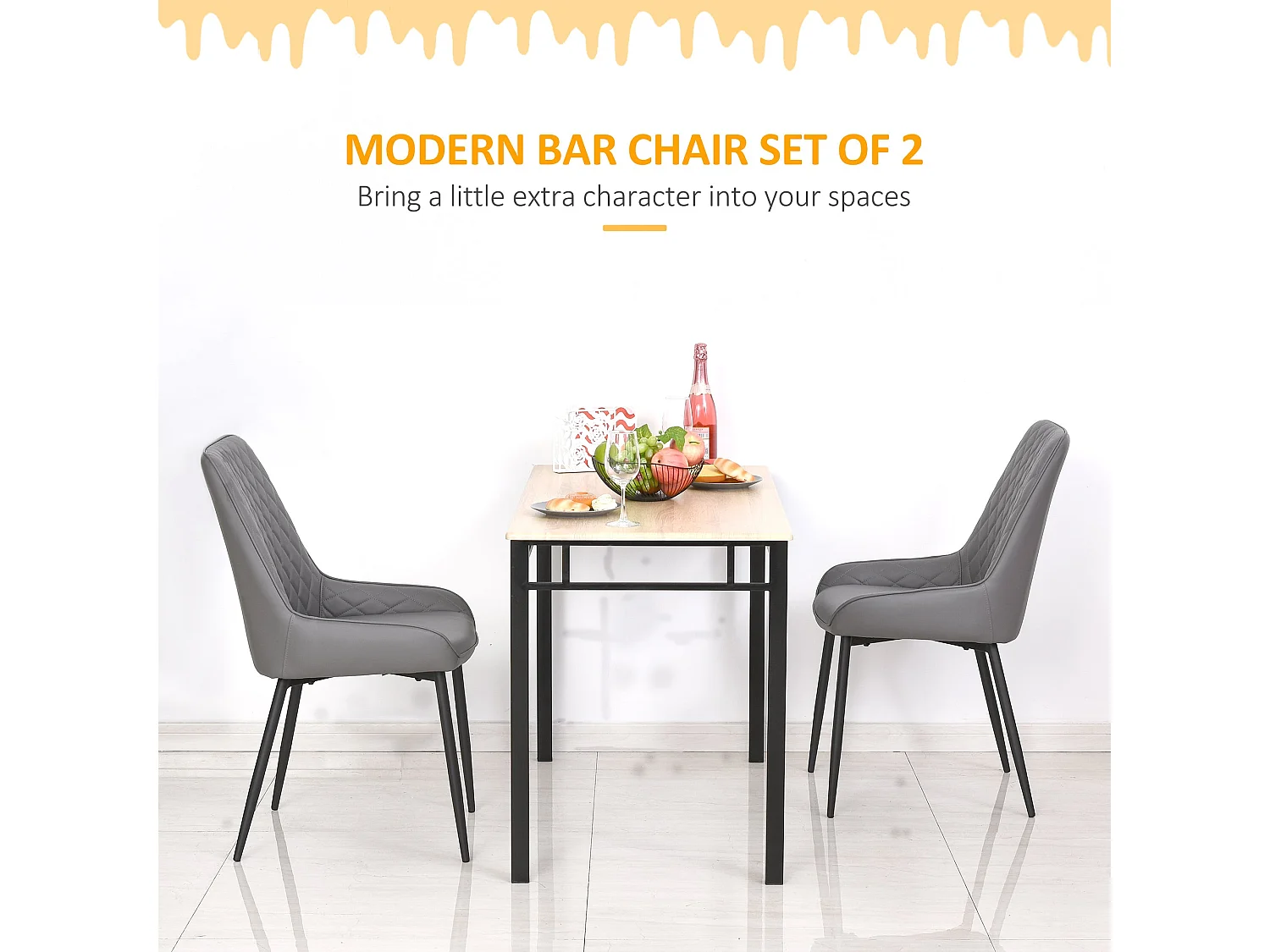 Farazi Grey Quilted PU Leather Dining Chairs Set of 2 Steel Frame