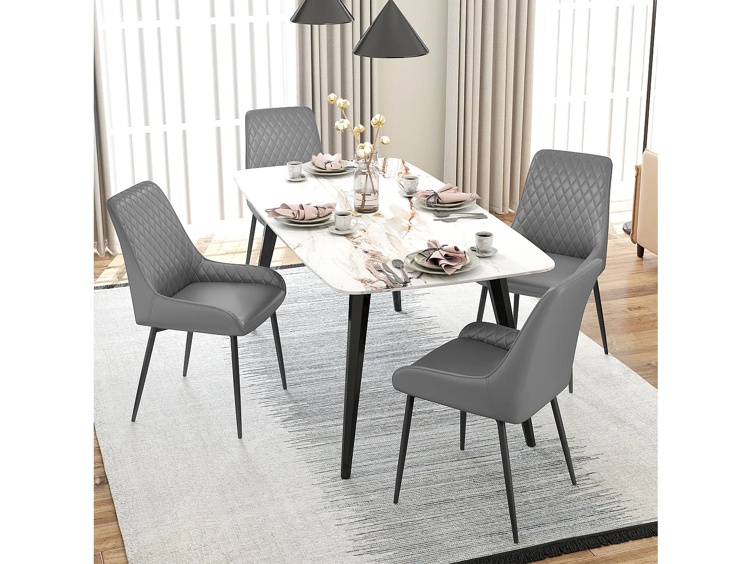 Farazi Grey Quilted PU Leather Dining Chairs Set of 2 Steel Frame