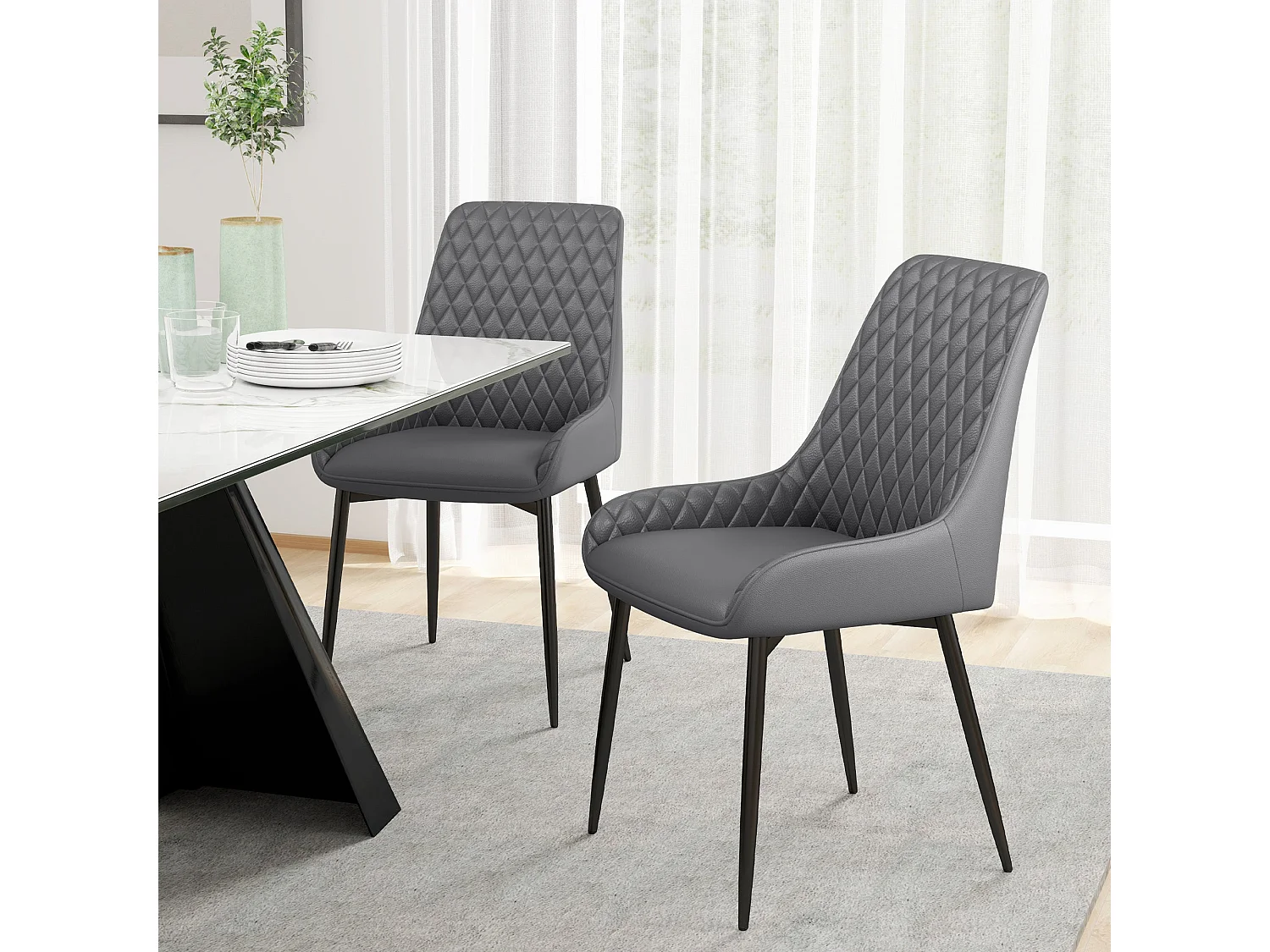 Farazi Grey Quilted PU Leather Dining Chairs Set of 2 Steel Frame