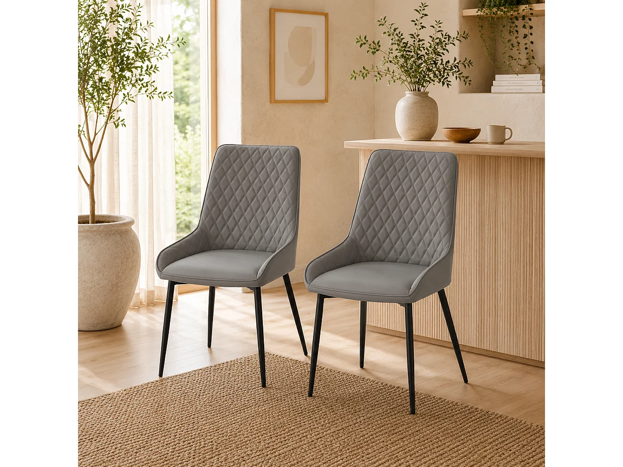 Farazi Grey Quilted PU Leather Dining Chairs Set of 2 Steel Frame