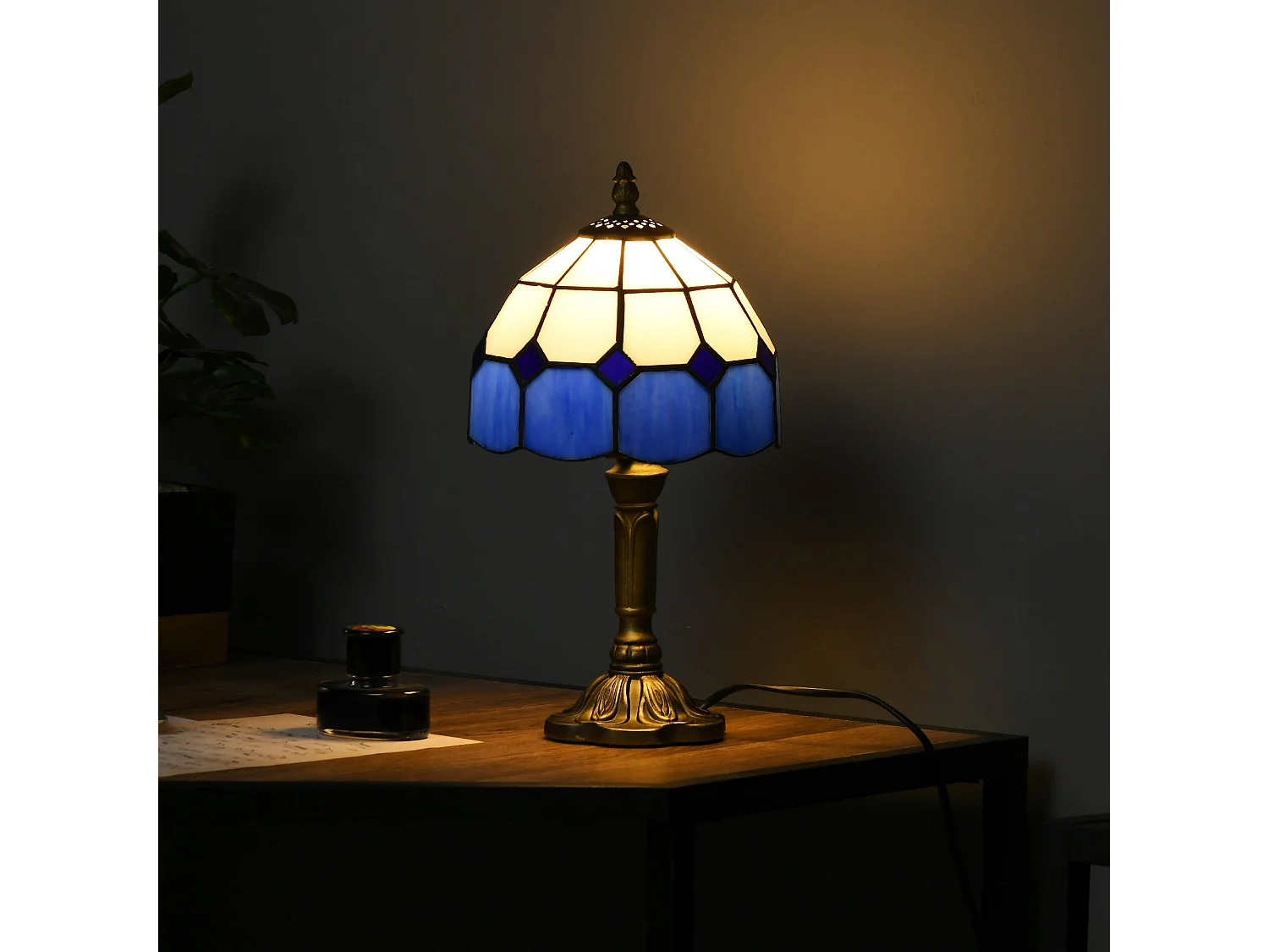 Lonema Art Deco Glass Table Lamp White and Blue 35cm