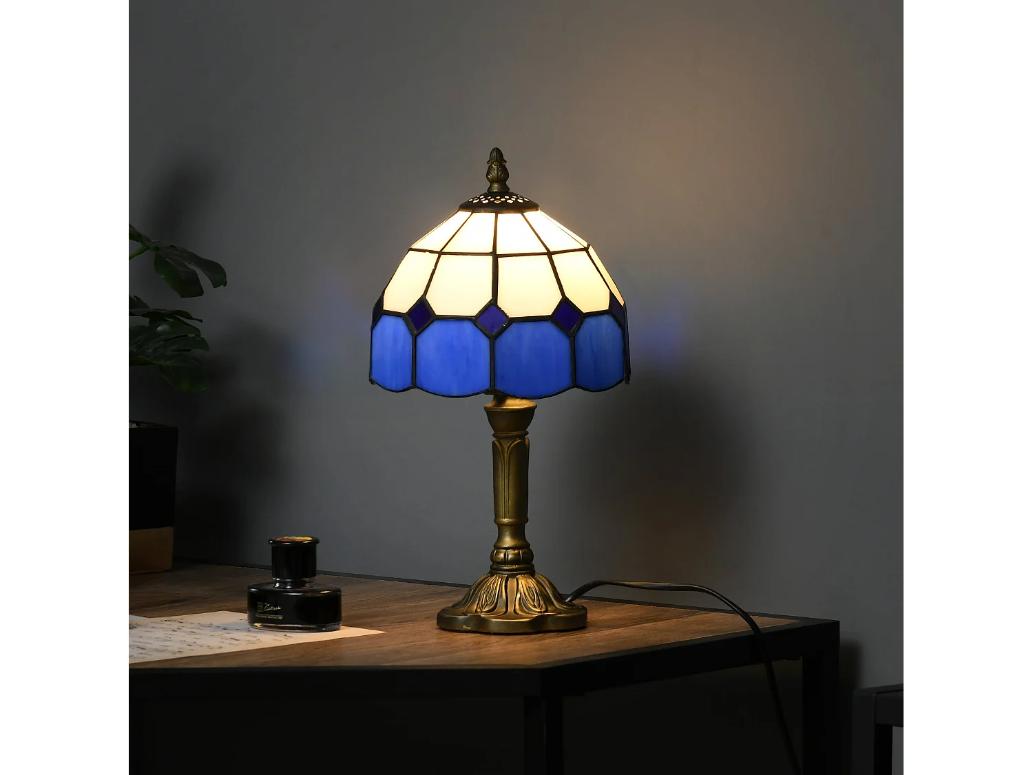 Lonema Art Deco Glass Table Lamp White and Blue 35cm