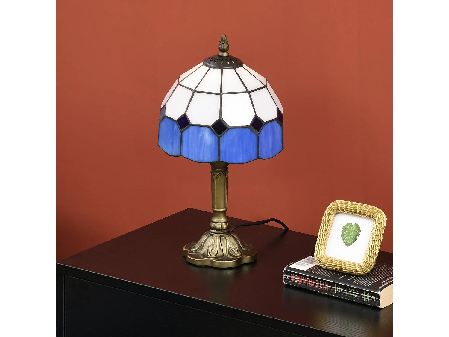 Lonema Art Deco Glass Table Lamp White and Blue 35cm
