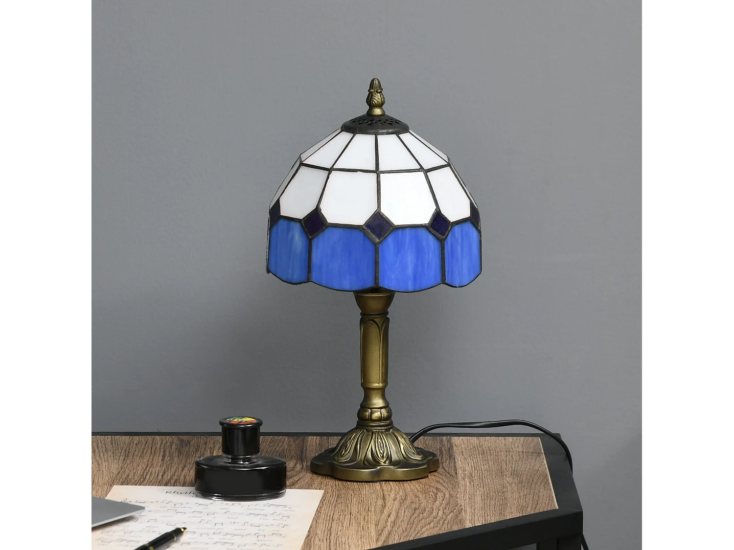 Lonema Art Deco Glass Table Lamp White and Blue 35cm