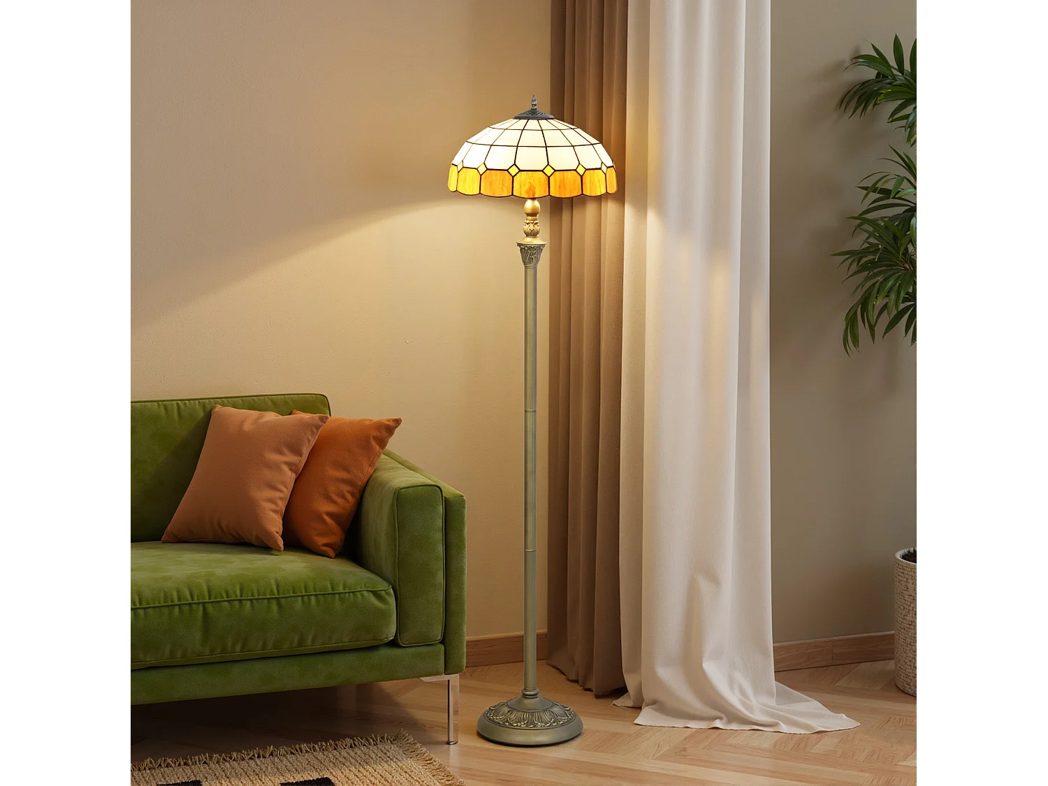 Rakelo Tiffany Style Floor Lamp Bronze Metal Base Handcrafted Orange and White Stained Glass Shade