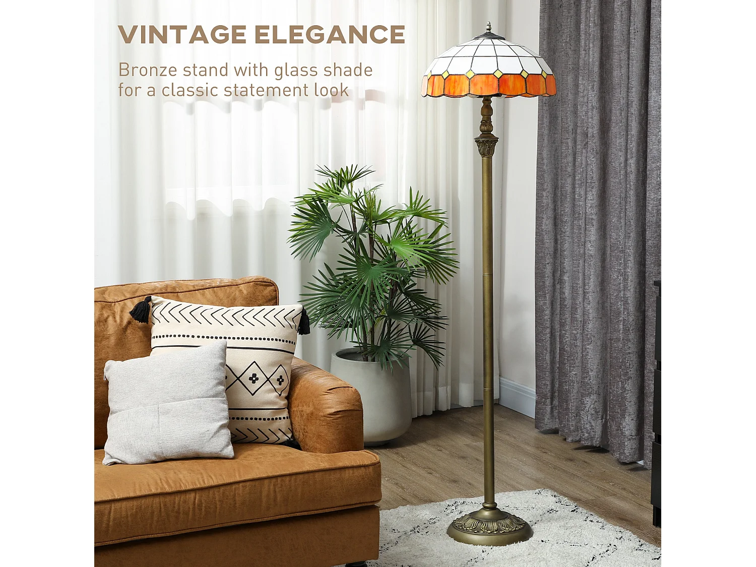 Rakelo Tiffany Style Floor Lamp Bronze Metal Base Handcrafted Orange and White Stained Glass Shade