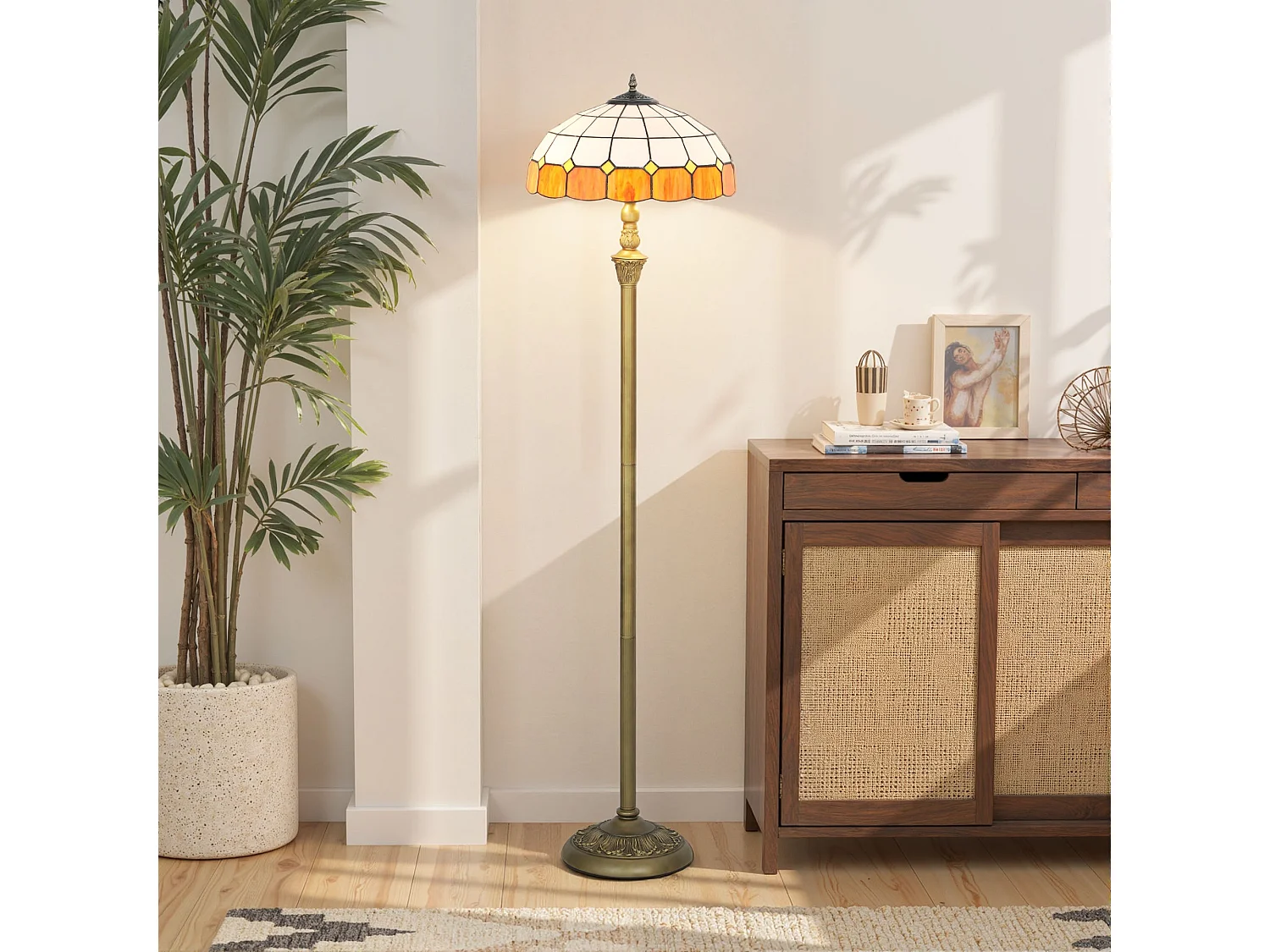 Rakelo Tiffany Style Floor Lamp Bronze Metal Base Handcrafted Orange and White Stained Glass Shade