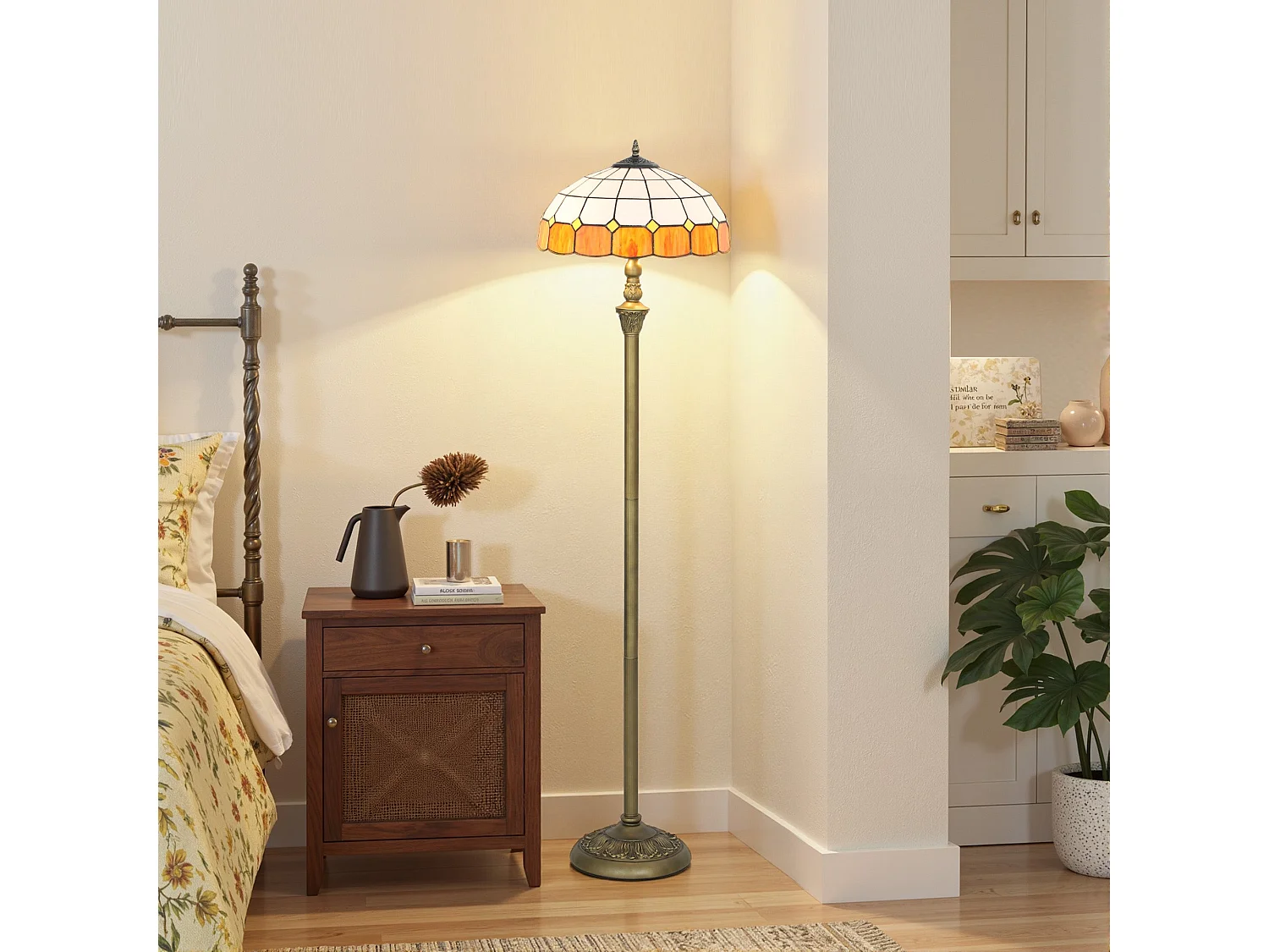 Rakelo Tiffany Style Floor Lamp Bronze Metal Base Handcrafted Orange and White Stained Glass Shade
