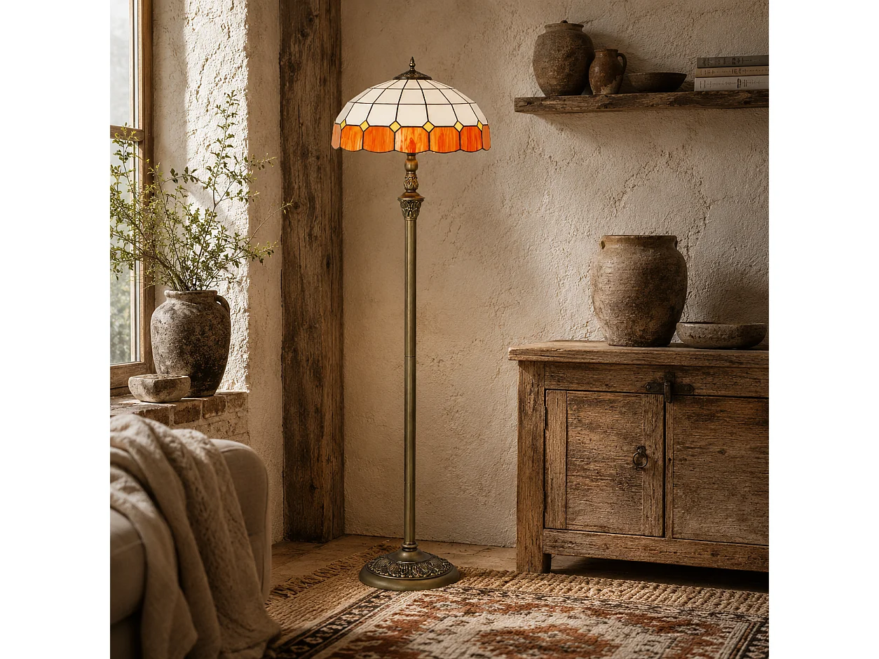 Rakelo Tiffany Style Floor Lamp Bronze Metal Base Handcrafted Orange and White Stained Glass Shade