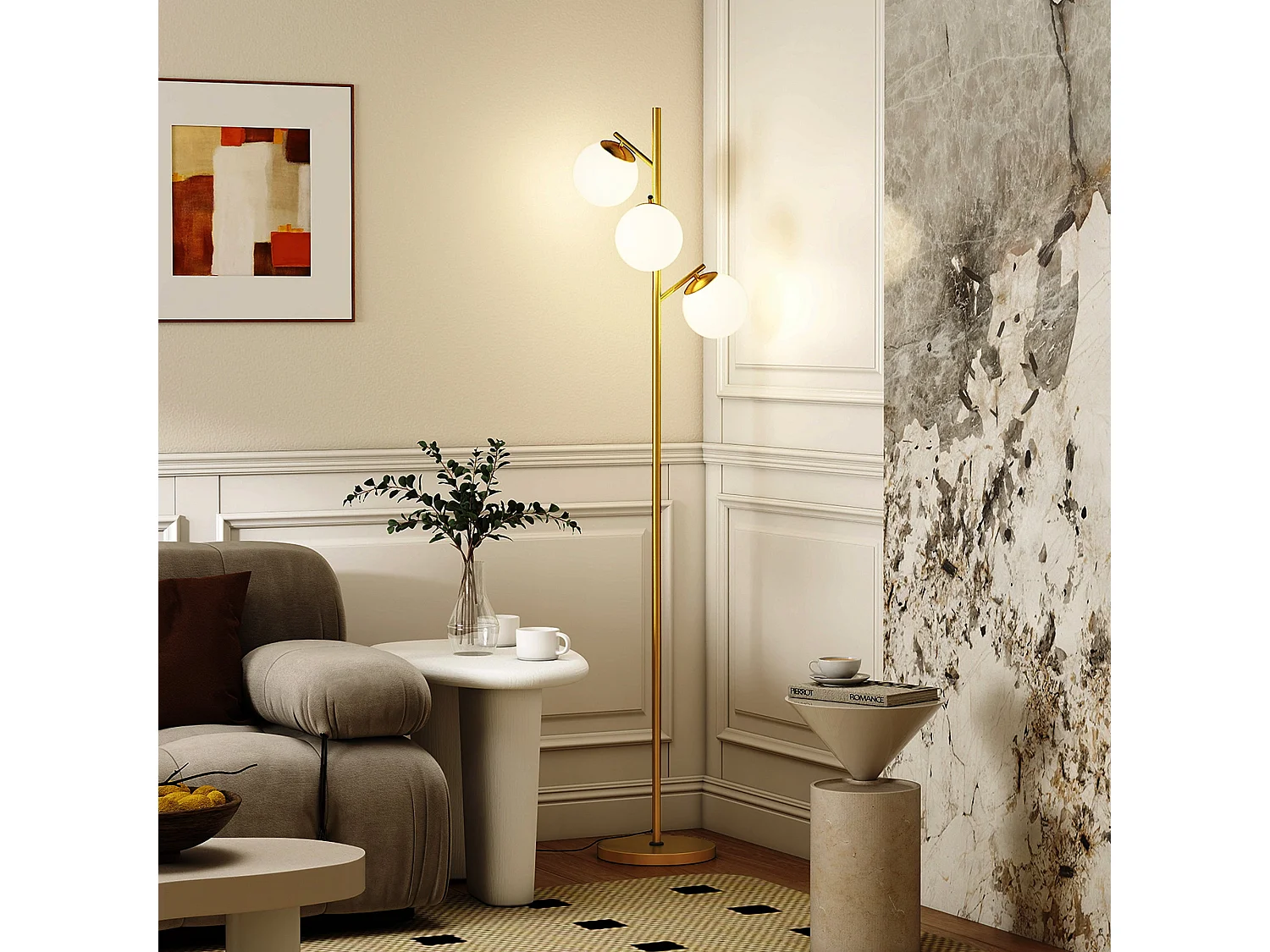 Lidi 3 Light Metal Tree Floor Lamp Gold Tone with White Globe Shades Adjustable 3000K 6000K