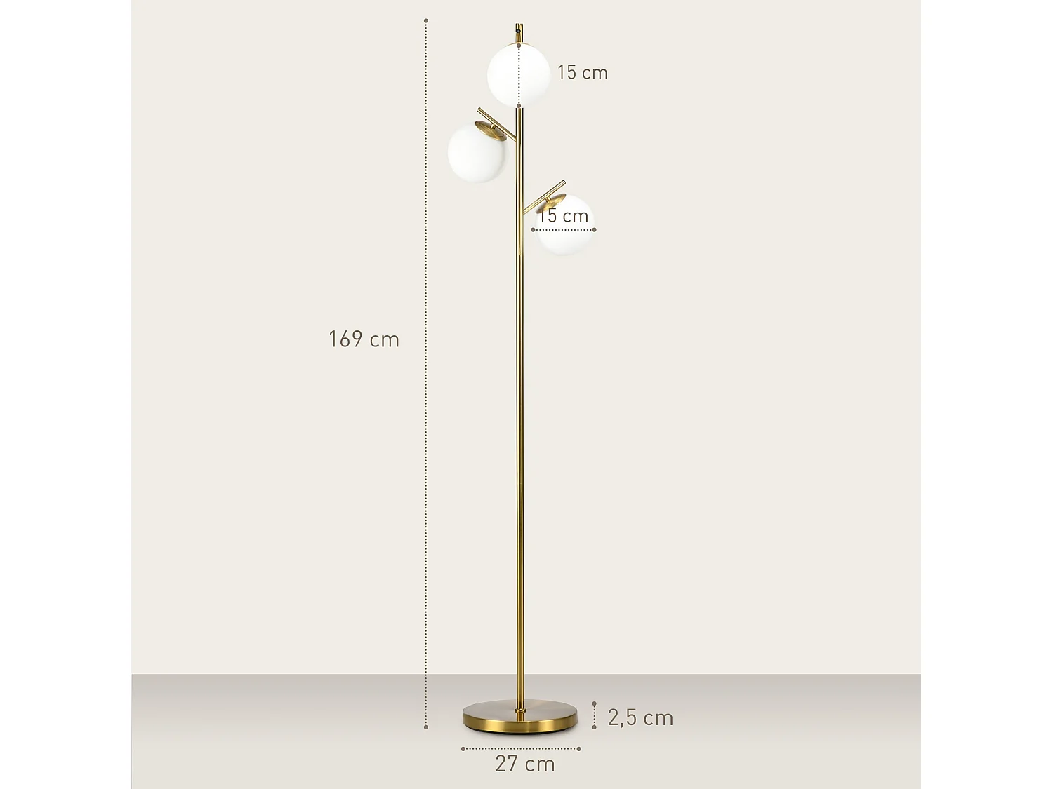 Lidi 3 Light Metal Tree Floor Lamp Gold Tone with White Globe Shades Adjustable 3000K 6000K