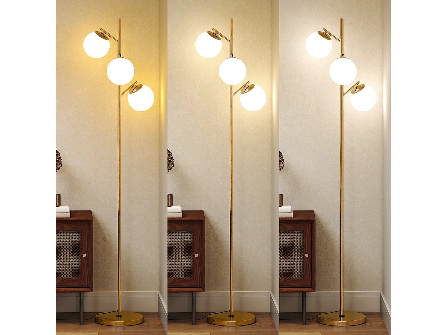 Lidi 3 Light Metal Tree Floor Lamp Gold Tone with White Globe Shades Adjustable 3000K 6000K