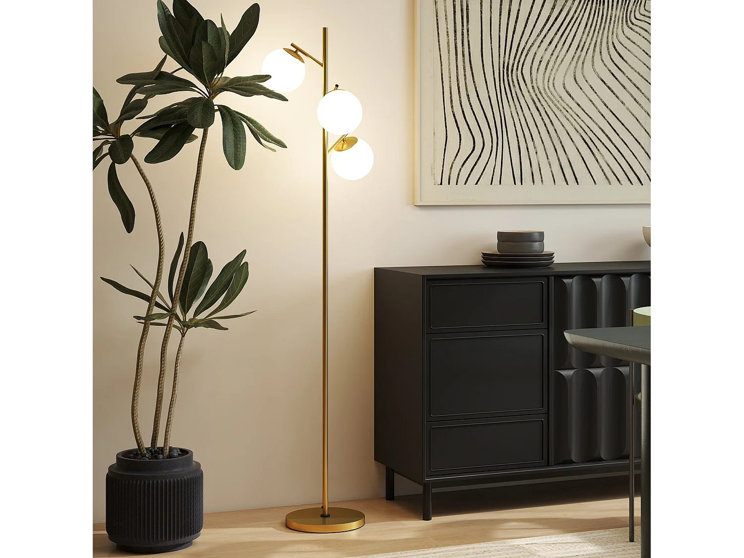 Lidi 3 Light Metal Tree Floor Lamp Gold Tone with White Globe Shades Adjustable 3000K 6000K