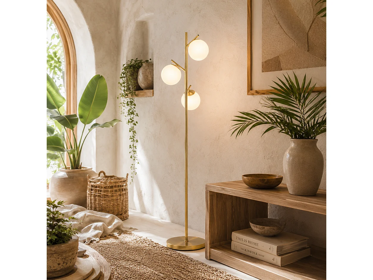 Lidi 3 Light Metal Tree Floor Lamp Gold Tone with White Globe Shades Adjustable 3000K 6000K