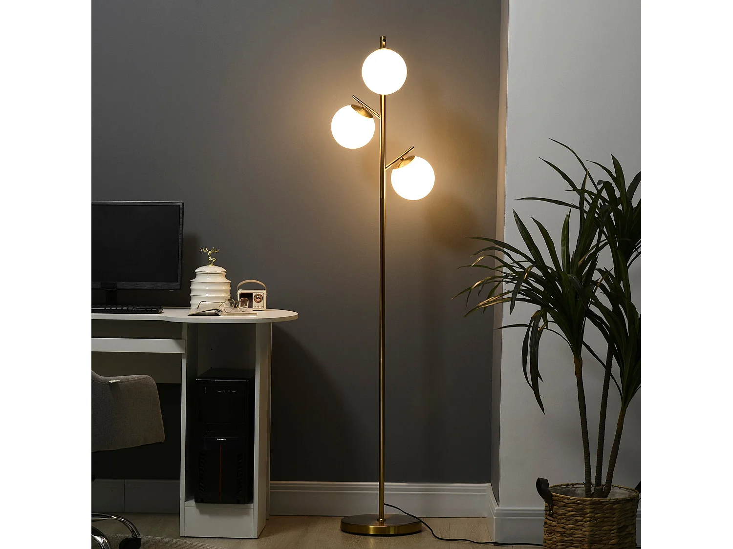 Tasozi 3 Light Gold Tree Floor Lamp with White Globe Shades