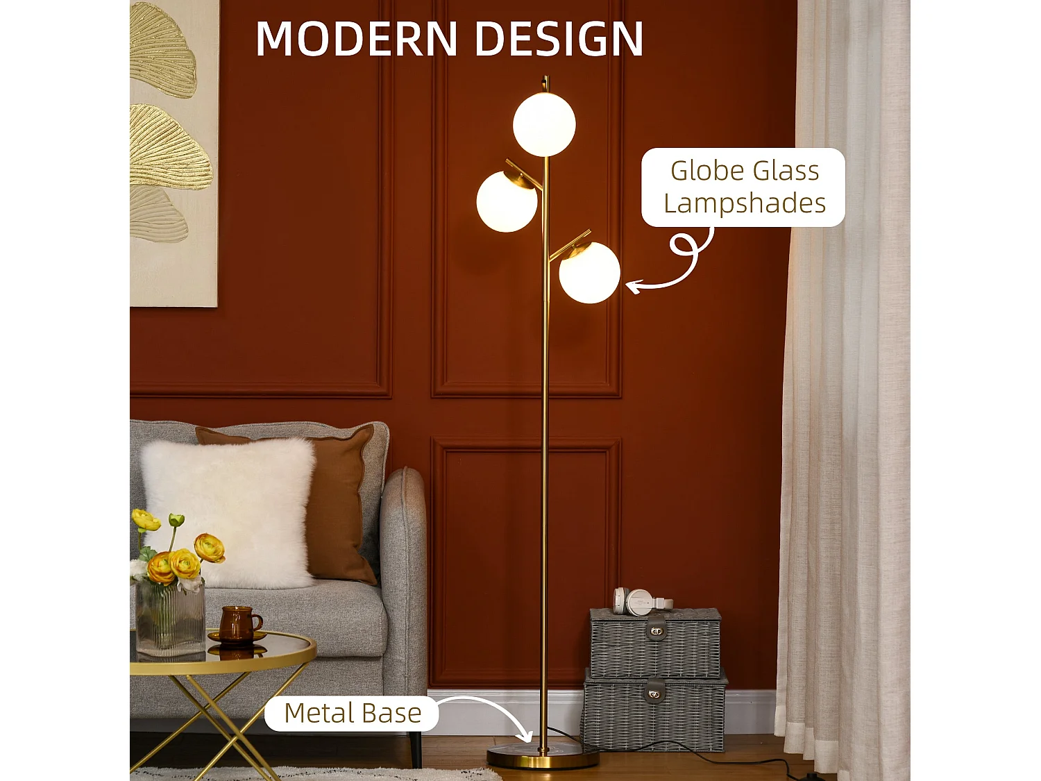 Tasozi 3 Light Gold Tree Floor Lamp with White Globe Shades