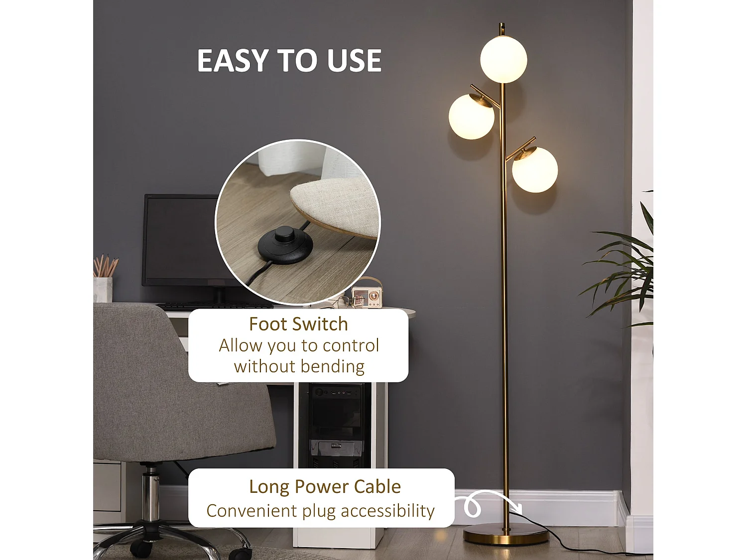 Tasozi 3 Light Gold Tree Floor Lamp with White Globe Shades