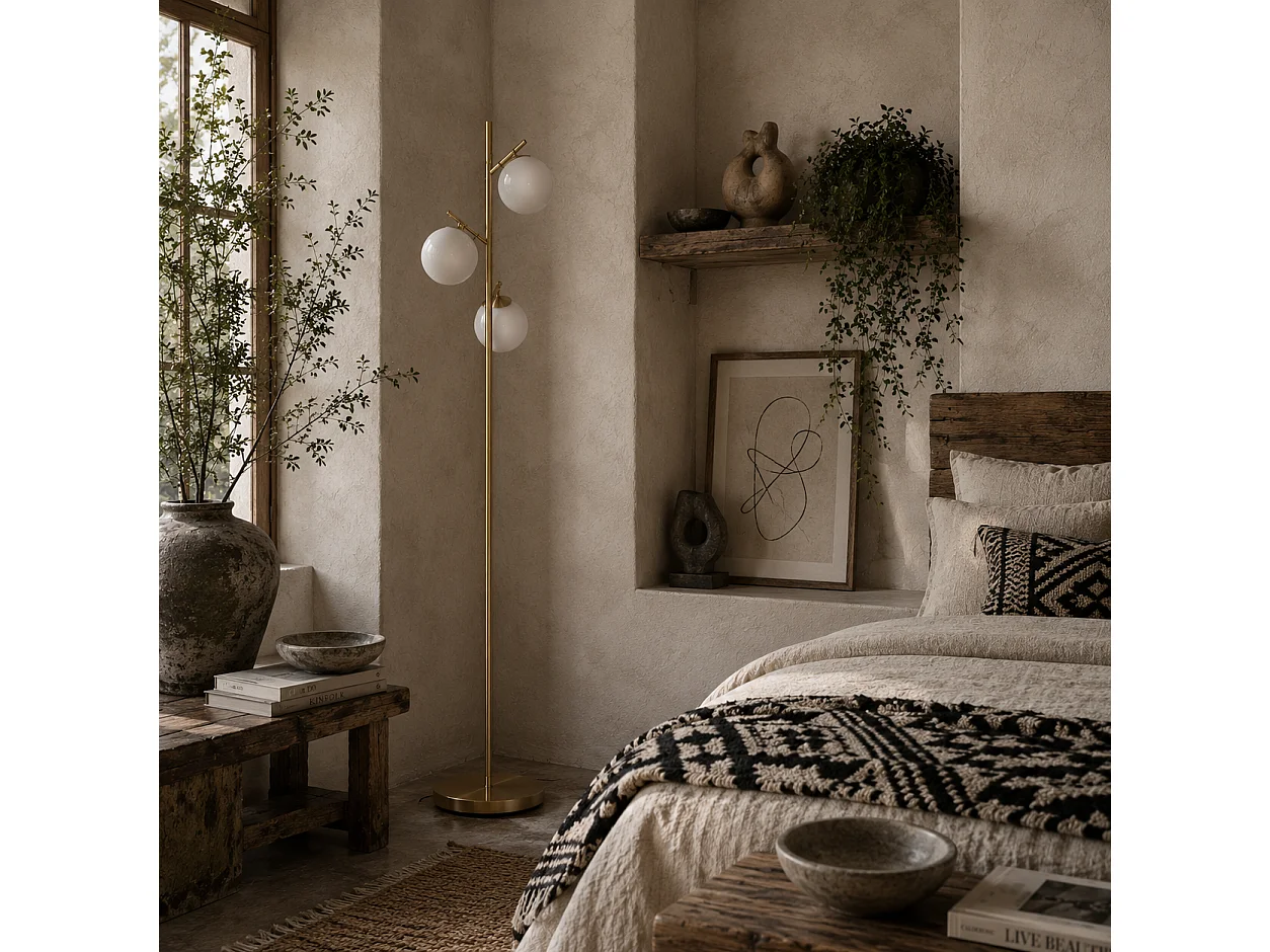 Tasozi 3 Light Gold Tree Floor Lamp with White Globe Shades