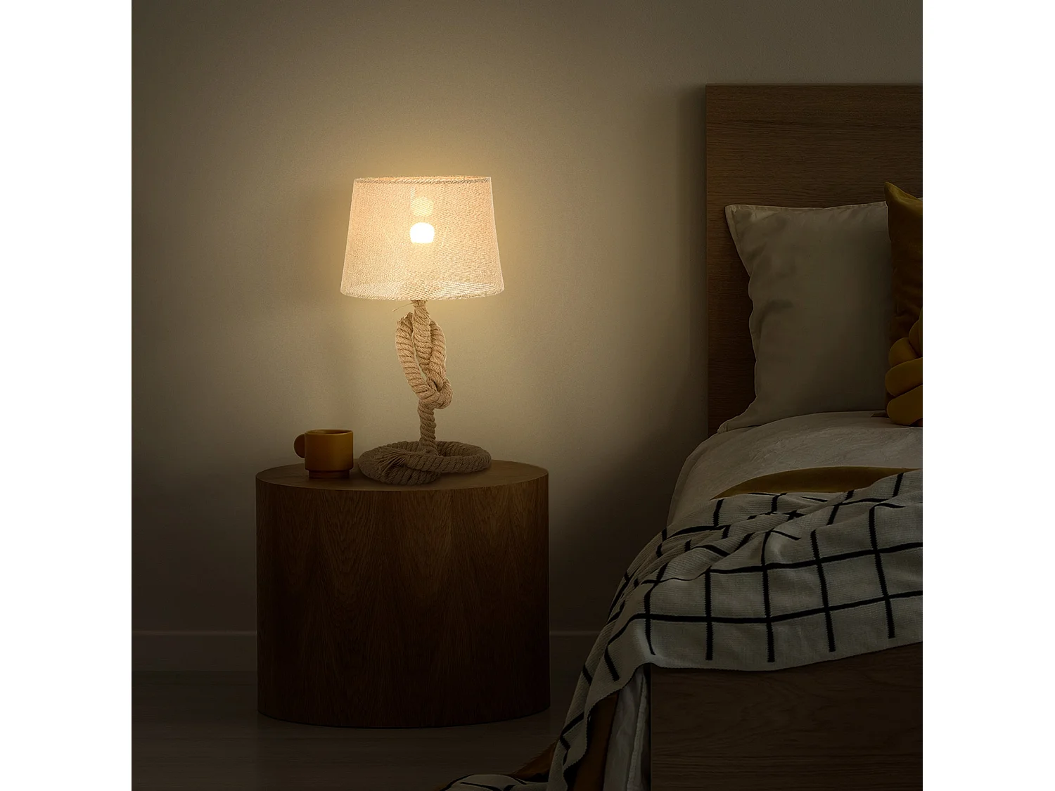 Virepa 48cm Nautical Table Lamp Stainless Steel Frame Rope Wrapped Beige Fabric Shade