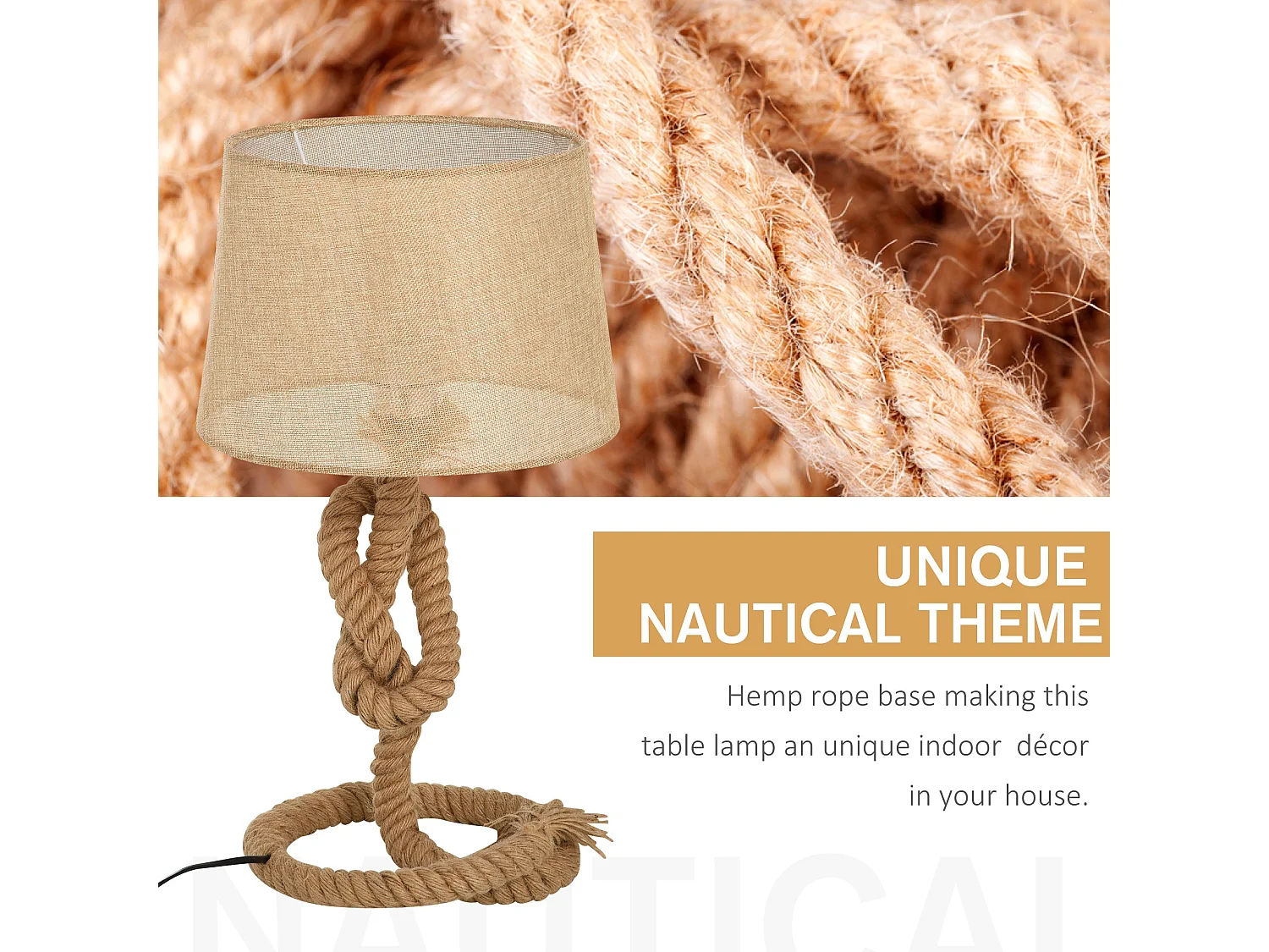 Virepa 48cm Nautical Table Lamp Stainless Steel Frame Rope Wrapped Beige Fabric Shade