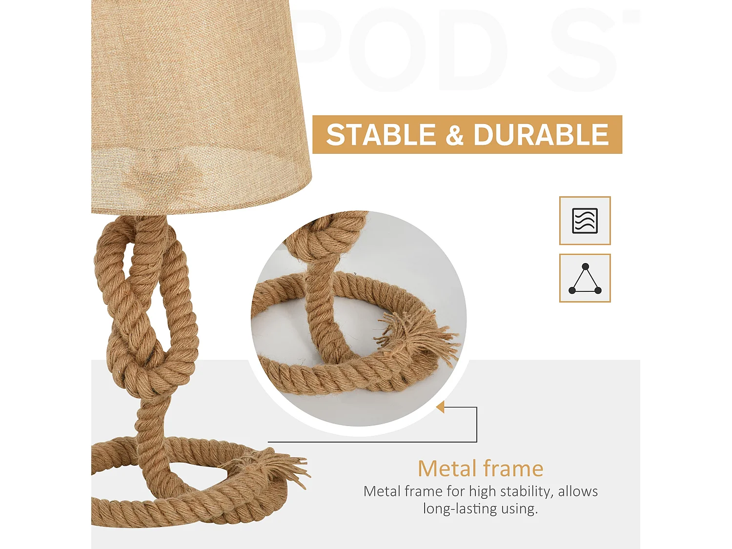 Virepa 48cm Nautical Table Lamp Stainless Steel Frame Rope Wrapped Beige Fabric Shade