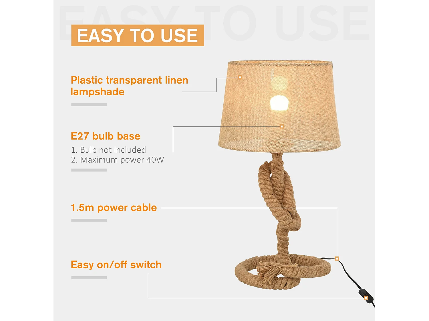 Virepa 48cm Nautical Table Lamp Stainless Steel Frame Rope Wrapped Beige Fabric Shade