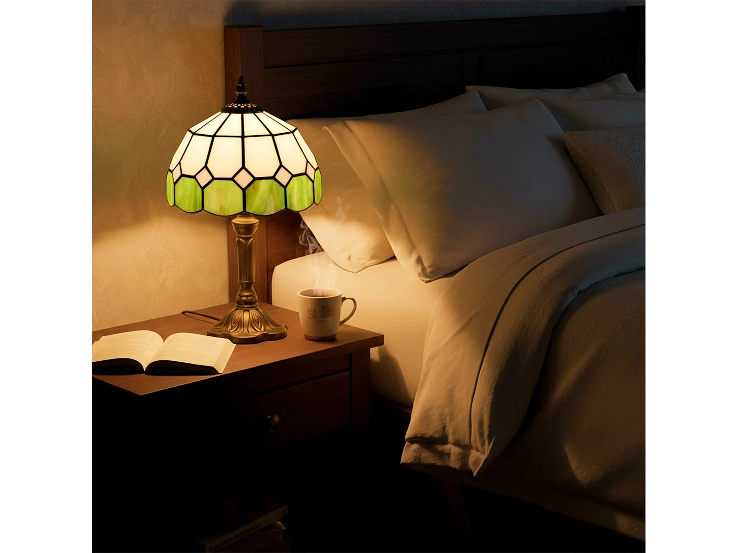 Surosu Handmade Art Deco Table Lamp Stained Glass White and Green Bronze Base
