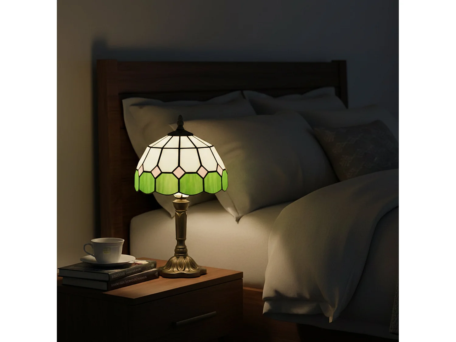 Surosu Handmade Art Deco Table Lamp Stained Glass White and Green Bronze Base