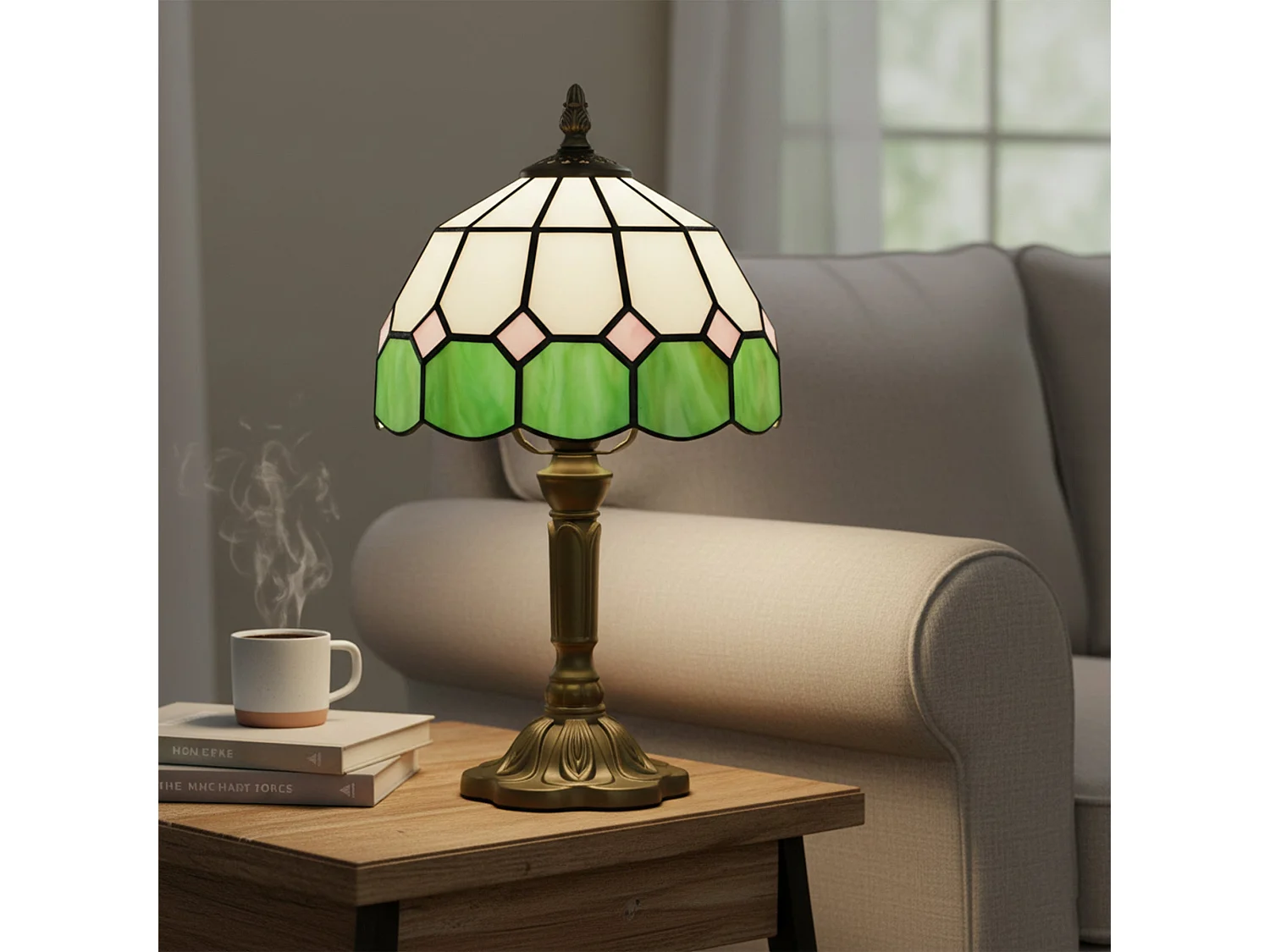 Surosu Handmade Art Deco Table Lamp Stained Glass White and Green Bronze Base