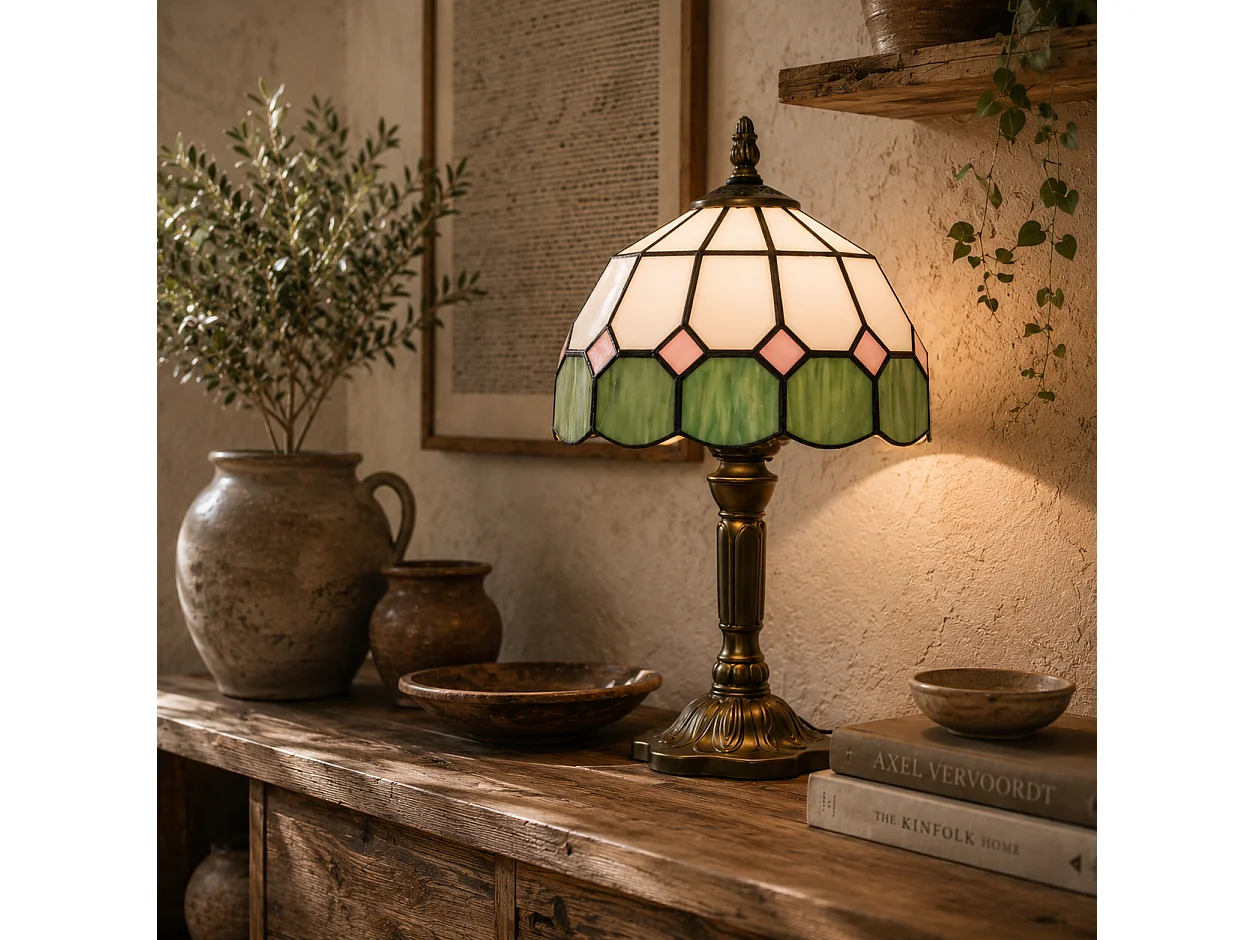 Surosu Handmade Art Deco Table Lamp Stained Glass White and Green Bronze Base
