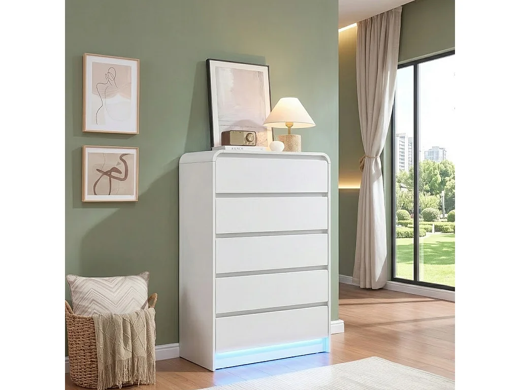 Commode basse pour chambre à coucher, pour adultes, 5 tiroirs, blanche, en bois avec éclairage LED, meuble de rangement pour entrée, 73x40x110 cm