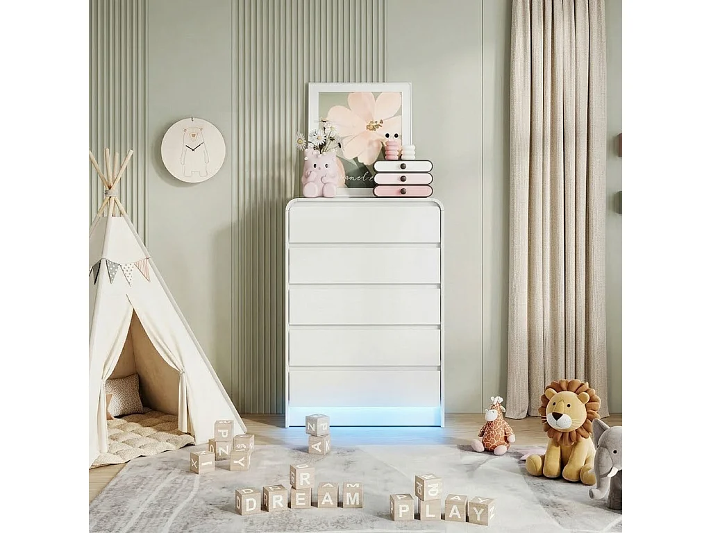 Commode basse pour chambre à coucher, pour adultes, 5 tiroirs, blanche, en bois avec éclairage LED, meuble de rangement pour entrée, 73x40x110 cm