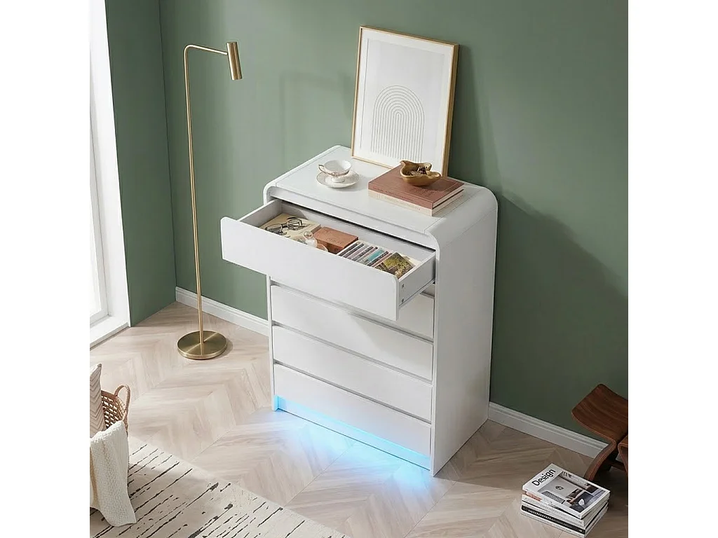 Commode basse pour chambre à coucher, pour adultes, 5 tiroirs, blanche, en bois avec éclairage LED, meuble de rangement pour entrée, 73x40x110 cm