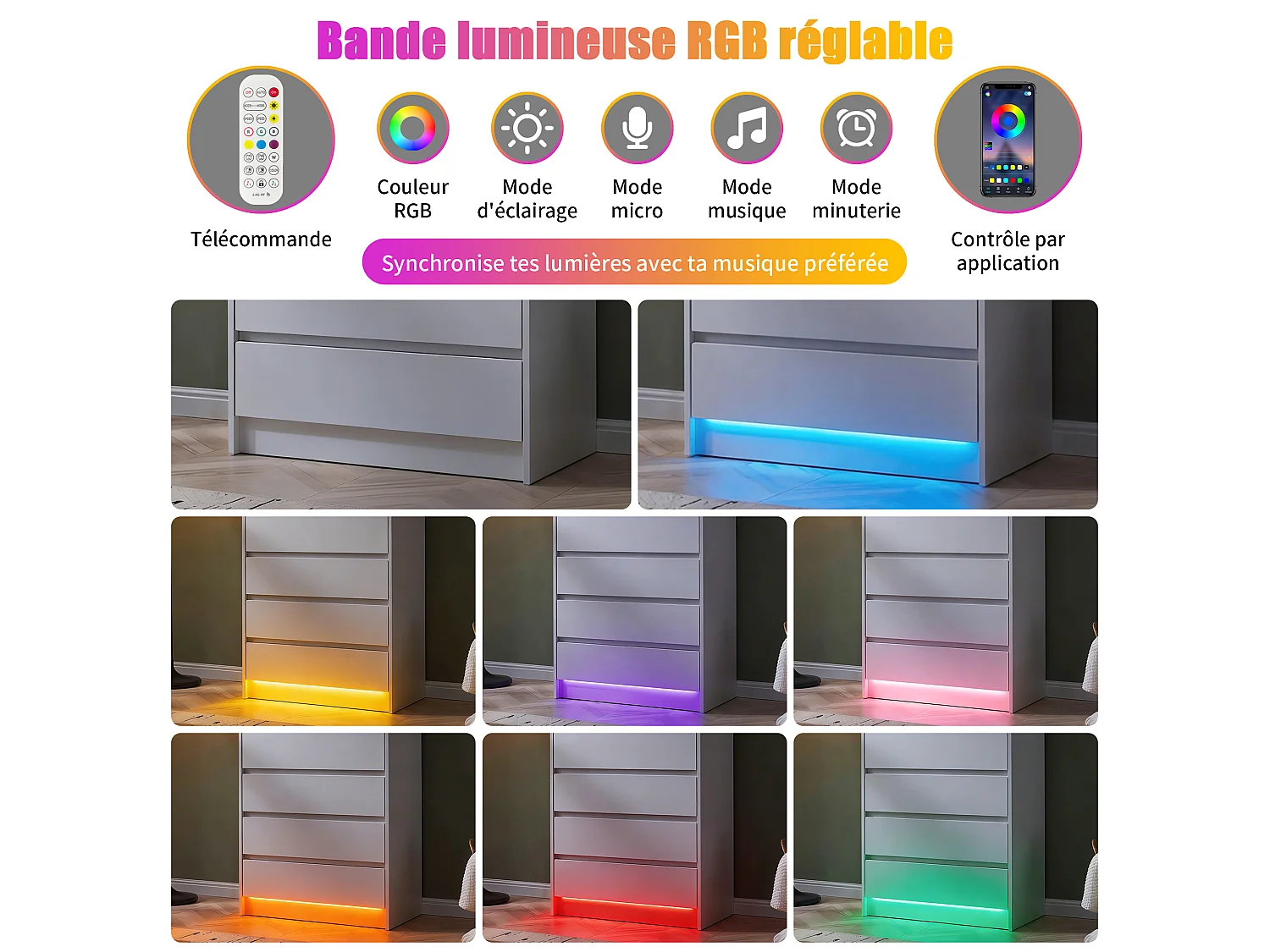 Commode basse pour chambre à coucher, pour adultes, 5 tiroirs, blanche, en bois avec éclairage LED, meuble de rangement pour entrée, 73x40x110 cm