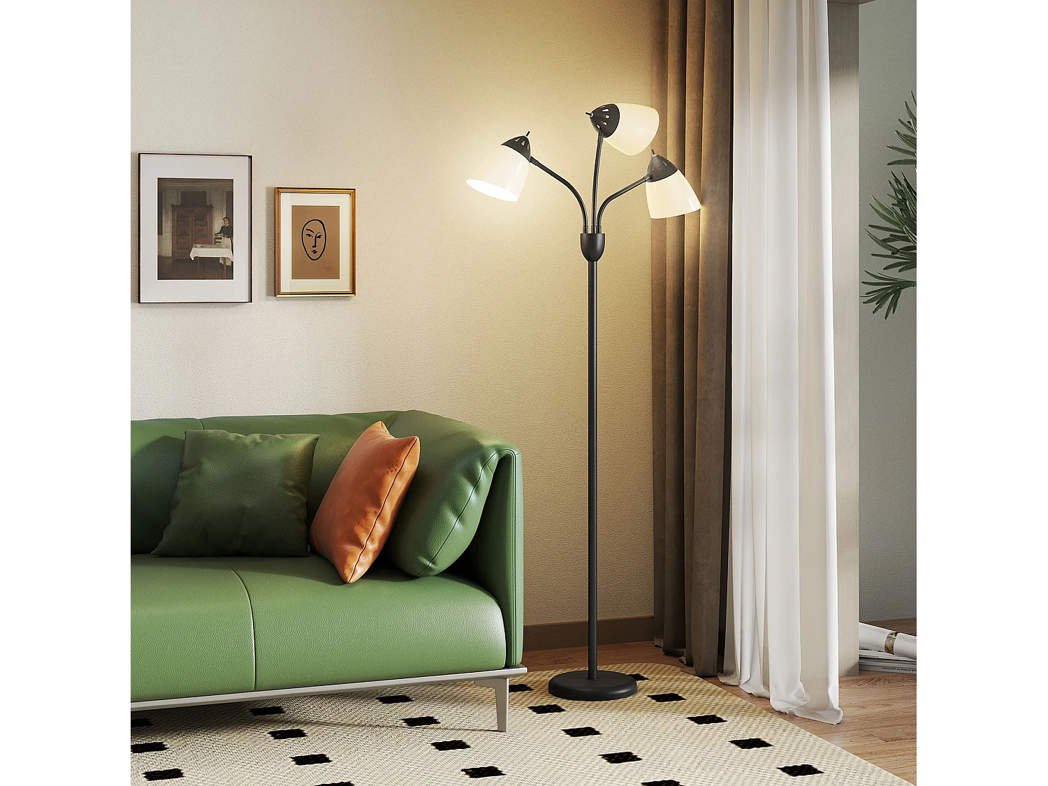 Diyoni Black Metal Arc Tree Floor Lamp 155cm with 3 Adjustable Rotating E27 Lights