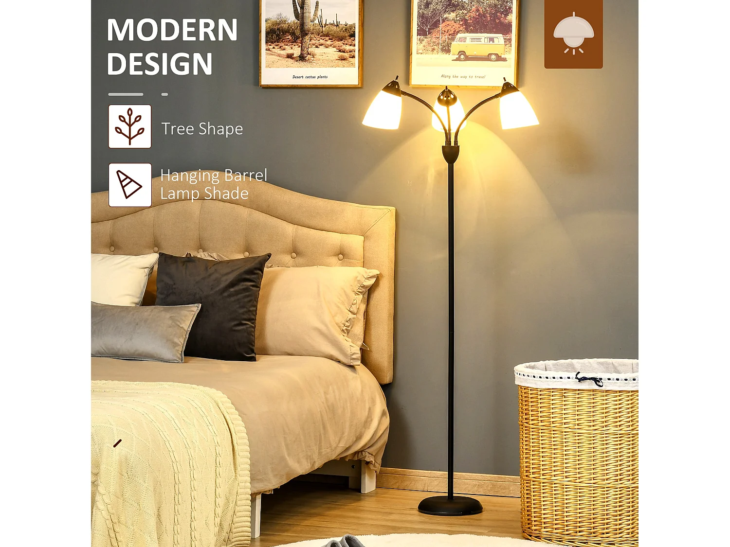 Diyoni Black Metal Arc Tree Floor Lamp 155cm with 3 Adjustable Rotating E27 Lights