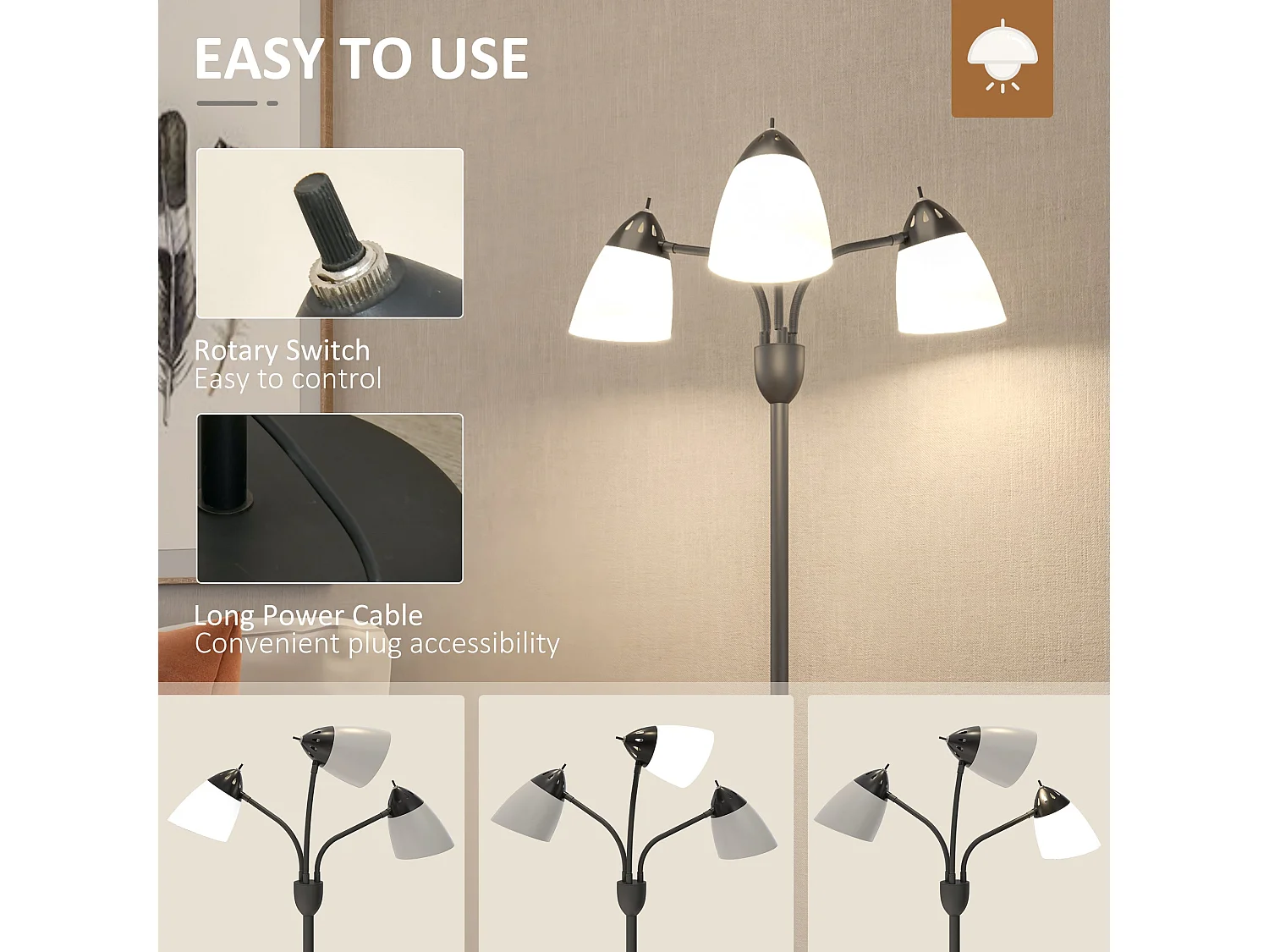 Diyoni Black Metal Arc Tree Floor Lamp 155cm with 3 Adjustable Rotating E27 Lights