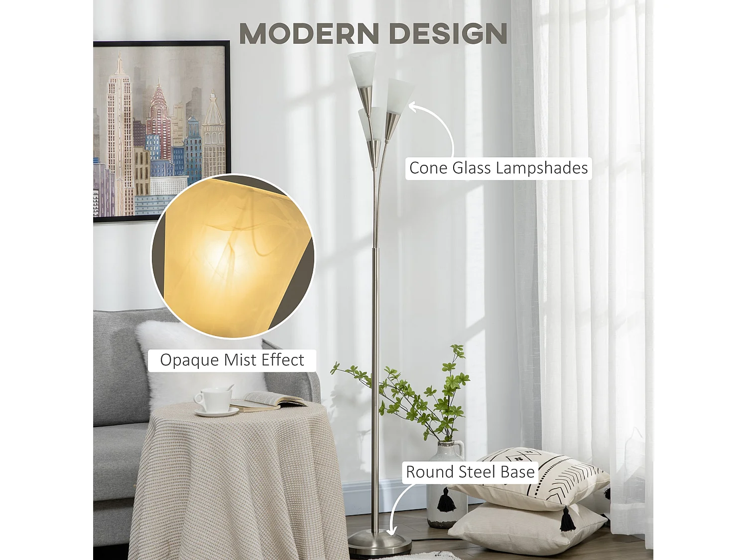 Karo 3 Light Floor Lamp Brushed Nickel and White 166cm