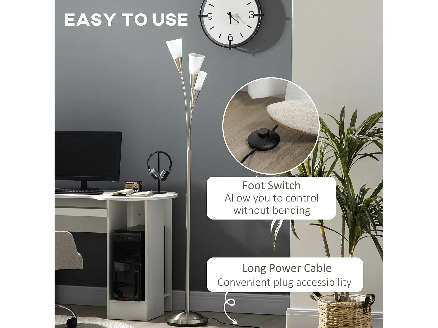 Karo 3 Light Floor Lamp Brushed Nickel and White 166cm