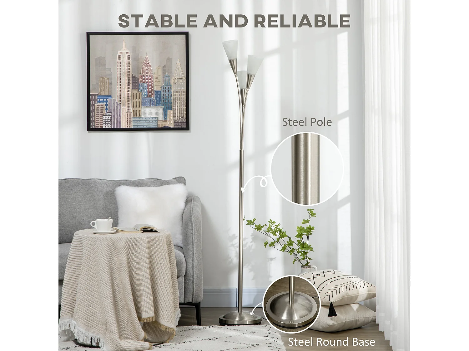 Karo 3 Light Floor Lamp Brushed Nickel and White 166cm