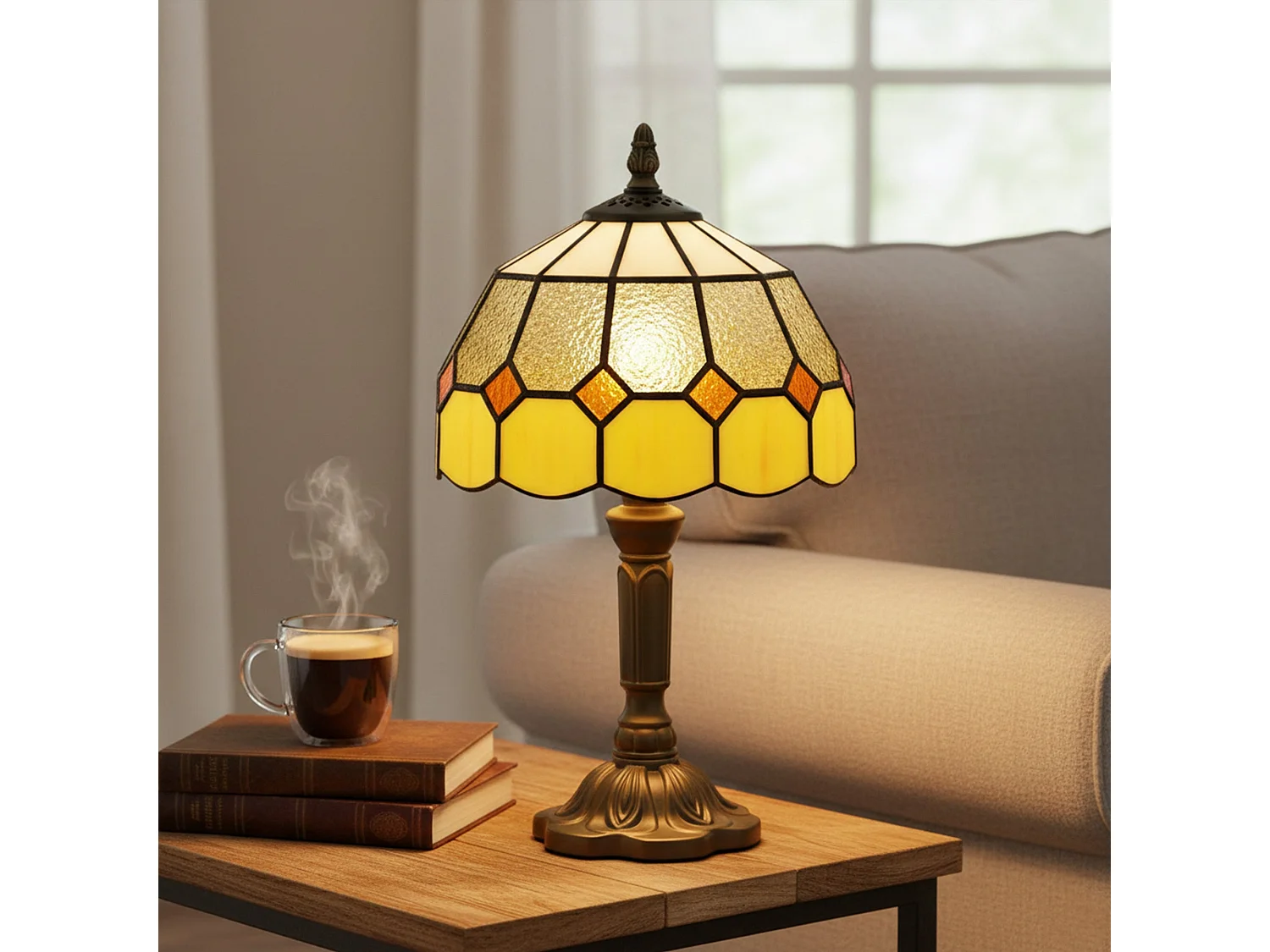 Sevini Handmade Art Deco Glass Table Lamp Yellow Orange Stained Glass Bronze Base